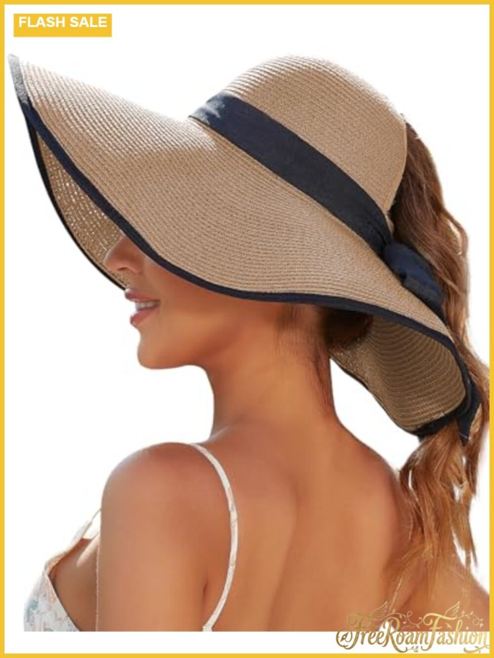 Womens Straw Floppy Sun Hat Ponytail Hole Wide Brim Packable Beach